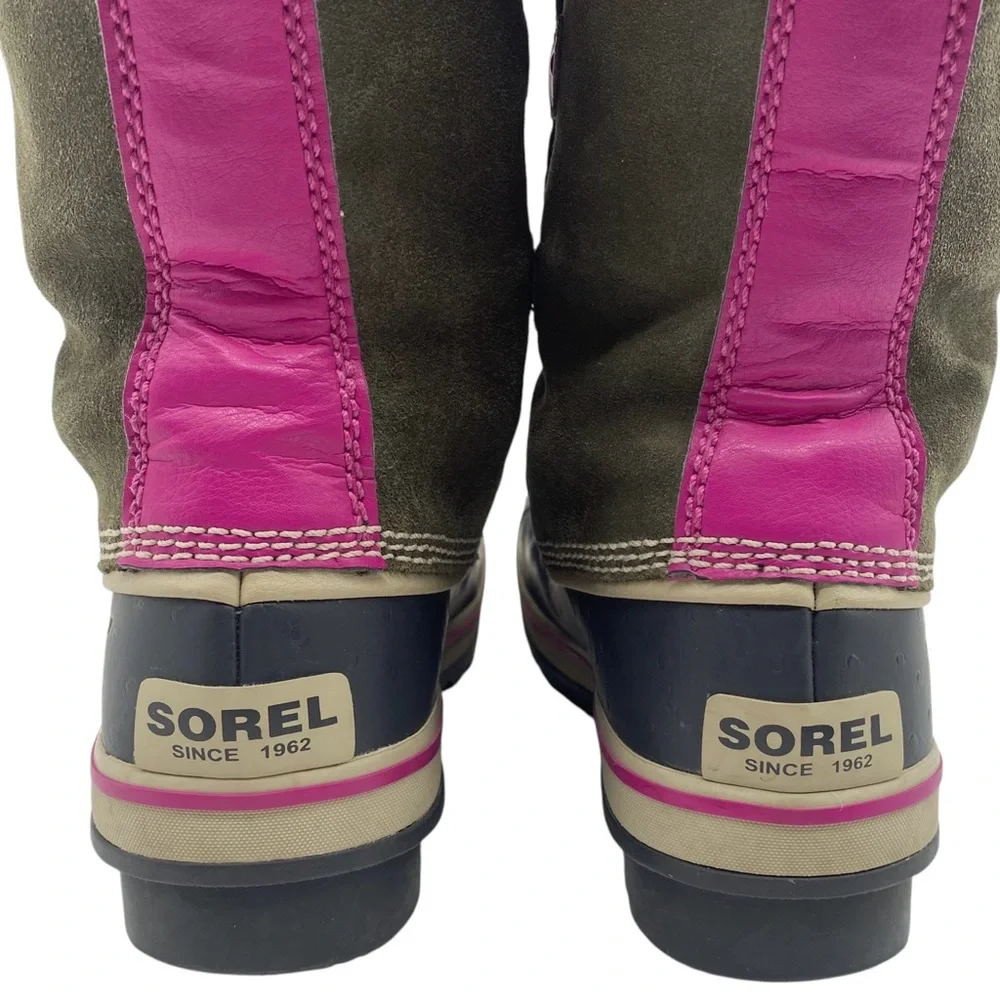 Sorel Girls Winter Boots Size 6 Green Pink Leather Waterproof Faux Fur Tall - Picture 9 of 14
